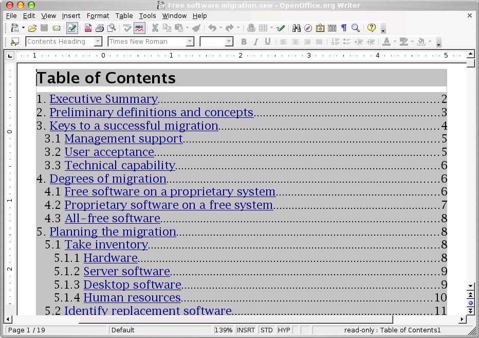 openoffice writer table of contents hyperlink