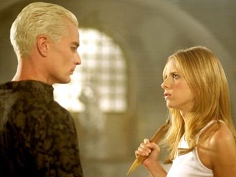 Buffy considers driving a stake through Spike's heart.
(Image credit: "Buffy the Vampire Slayer" ©2001 Twentieth Century Fox Film Corporation / Fair Use)
