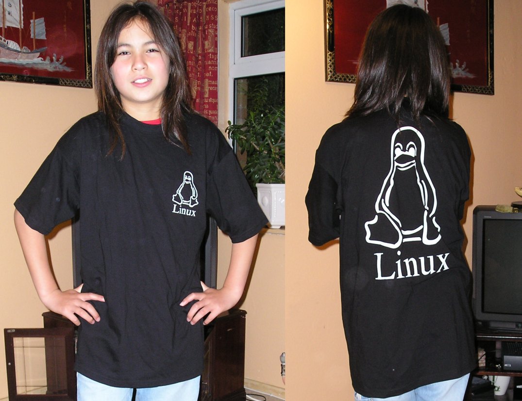 My daughter’s first job as a model showing the free tee-shirt