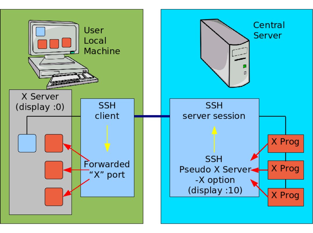 A schematic diagram of X programs running through the network using SSH X forwarding
